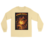 Beige long-sleeve shirt with 'Crave Happy' graphic design on a white background