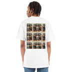 Person wearing a white t-shirt with graphic designs on the back, standing against a white background