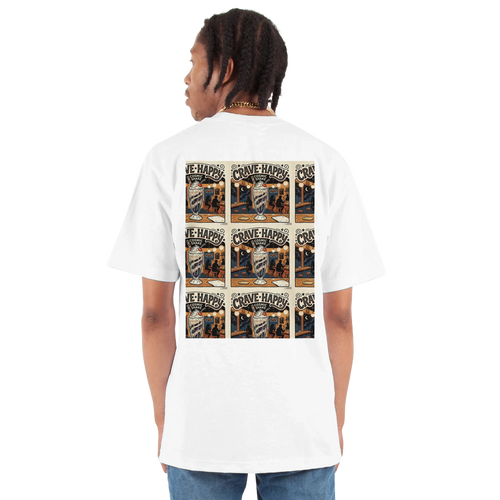 Person wearing a white t-shirt with graphic designs on the back, standing against a white background