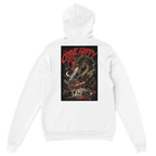 White hoodie with a graphic design on the back featuring text and imagery.