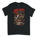 Black t-shirt with a graphic design featuring a dragon and text on a white background