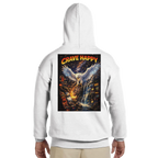 White hoodie with a colorful graphic on the back featuring an angel and the text 'Crave Happy'.