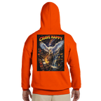 Orange hoodie with 'Crave Happy' graphic on the back against a white background
