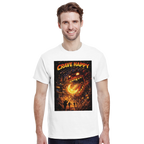 Man wearing a white t-shirt with 'Crave Happy' graphic design on a white background