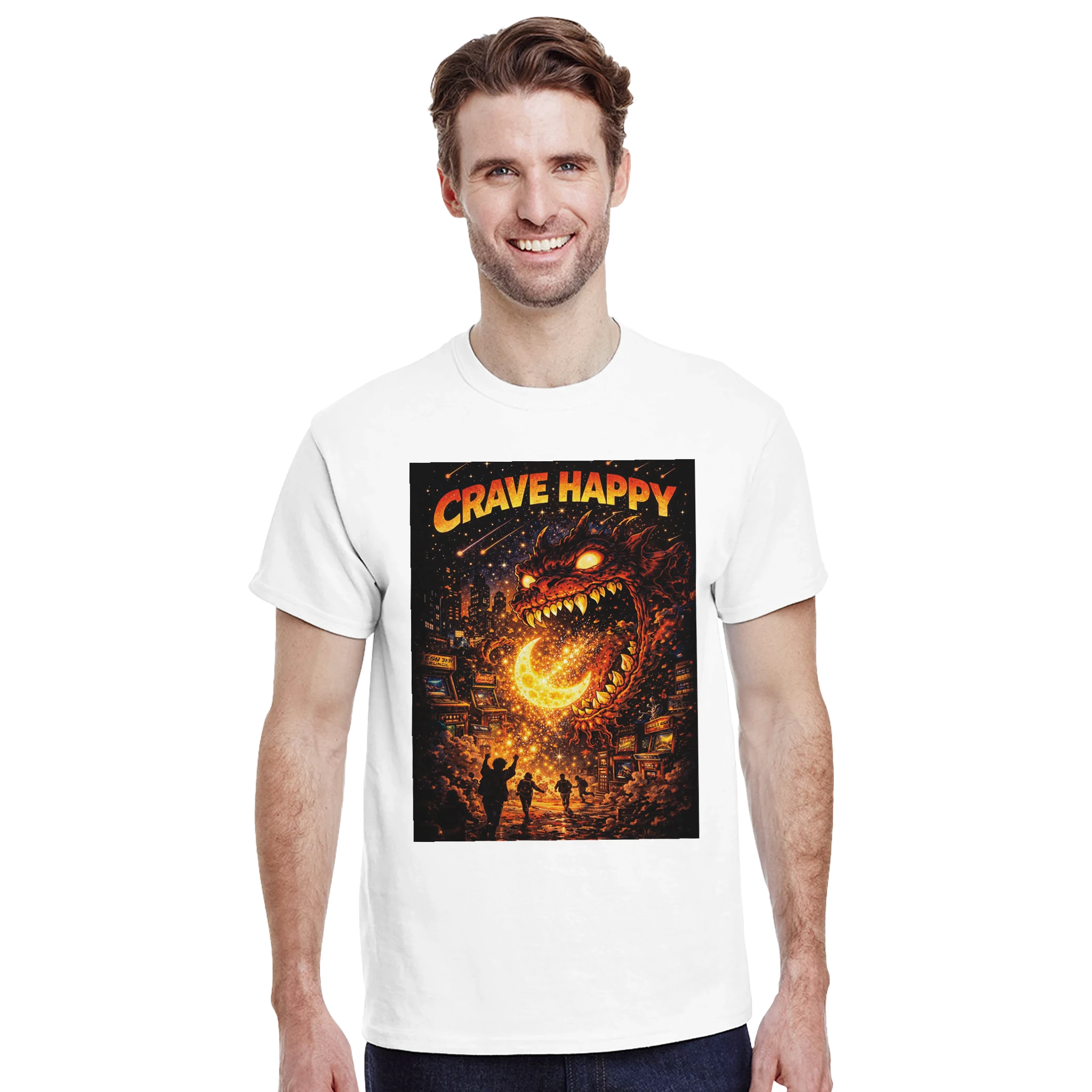 Man wearing a white t-shirt with 'Crave Happy' graphic design on a white background