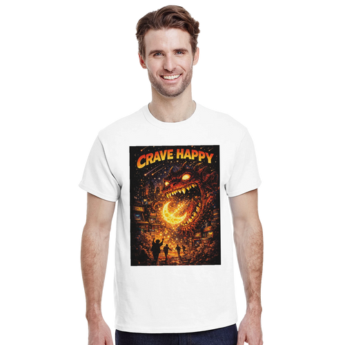Man wearing a white t-shirt with 'Crave Happy' graphic design on a white background