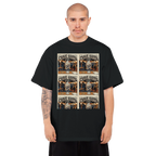 Person wearing a black t-shirt with a graphic design on a white background