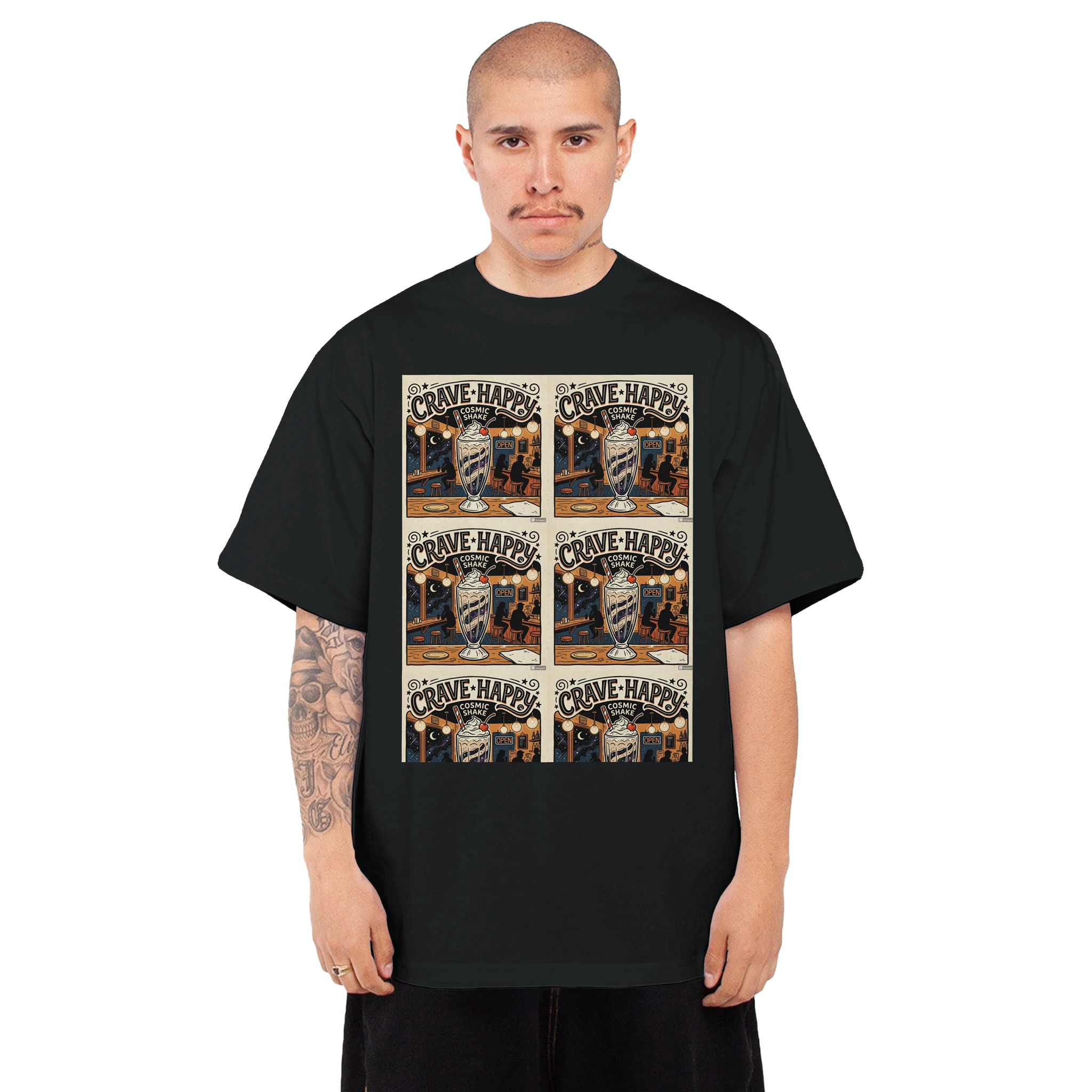 Person wearing a black t-shirt with a graphic design on a white background