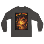 Dark gray long-sleeve shirt with 'Crave Happy' graphic design on a white background