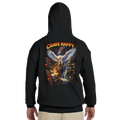Black hoodie with 'Crave Happy' design on the back, featuring an eagle and cityscape.