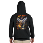 Black hoodie with 'Crave Happy' design on the back, featuring an eagle and cityscape.