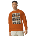 Man wearing an orange sweatshirt with graphic designs on a white background