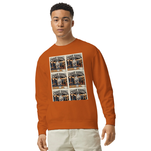 Man wearing an orange sweatshirt with graphic designs on a white background