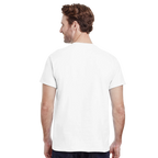 Man wearing a plain white t-shirt on a white background