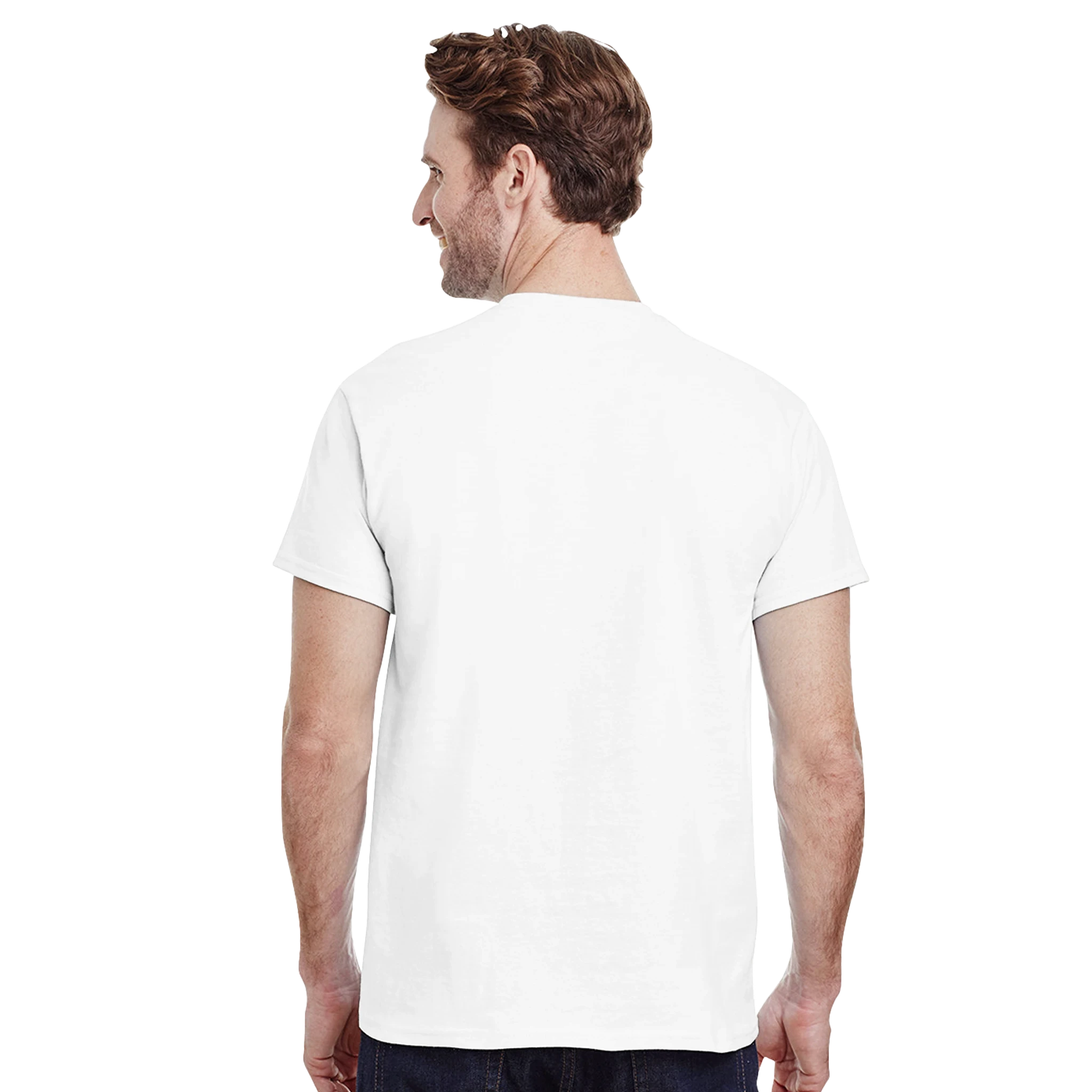 Man wearing a plain white t-shirt on a white background