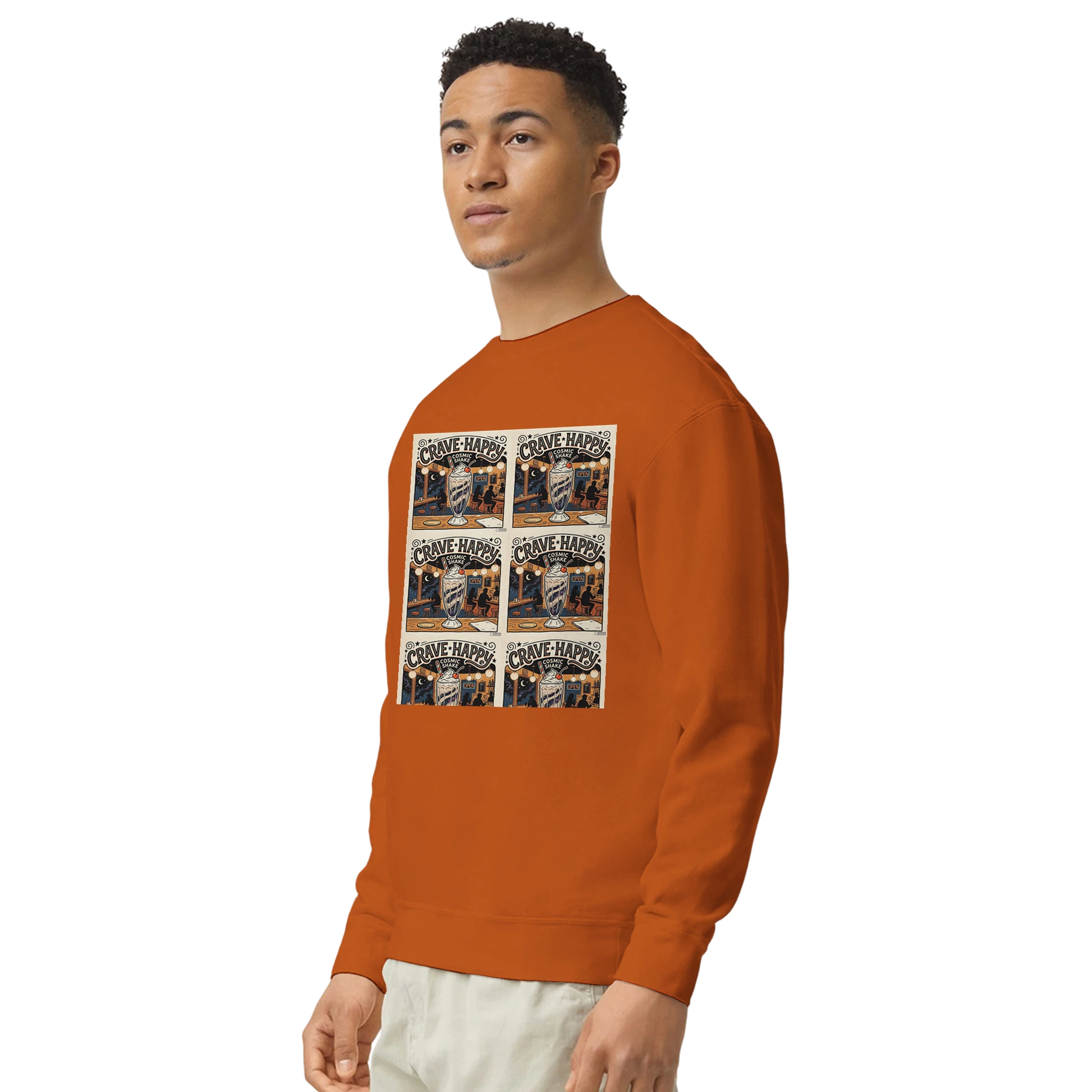 Person wearing an orange sweatshirt with graphic design on a white background
