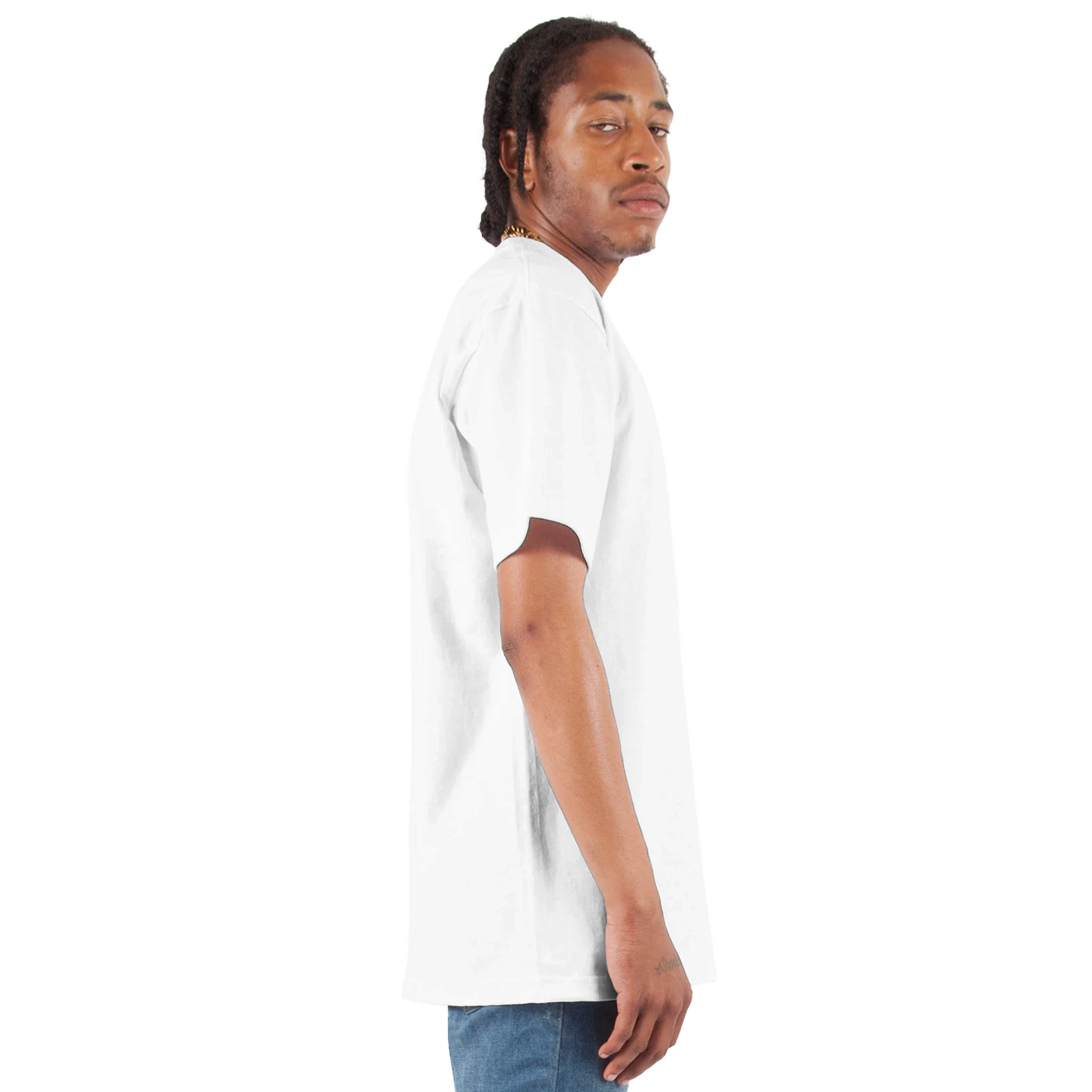 Person wearing a plain white t-shirt on a white background