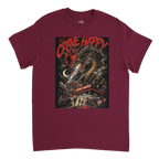 Maroon t-shirt with a graphic design featuring a dragon and text on a white background