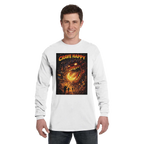 Man wearing a white long-sleeve shirt with a graphic design and text on a white background