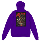 Purple hoodie with a graphic design on the back on a white background