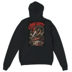 Black hoodie with a graphic design on the back against a white background