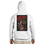White hoodie with a graphic design on the back featuring the text 'Crave Happy' and a dragon.