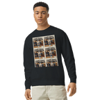 Person wearing a black sweatshirt with graphic design on a white background