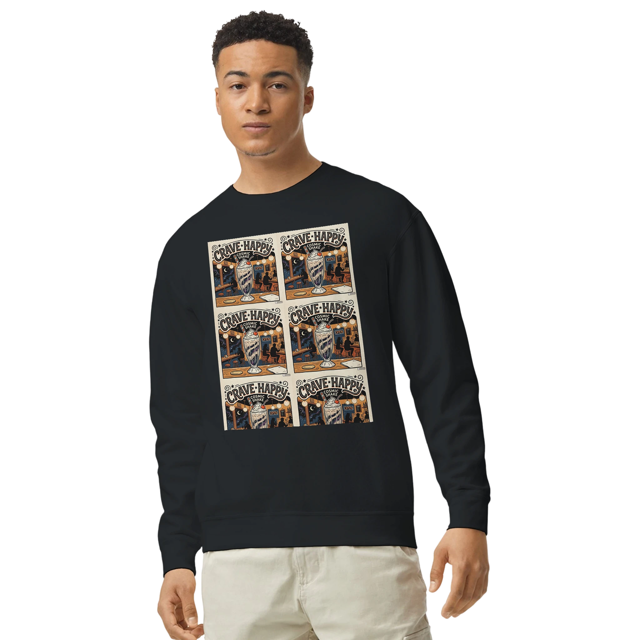 Person wearing a black sweatshirt with graphic design on a white background