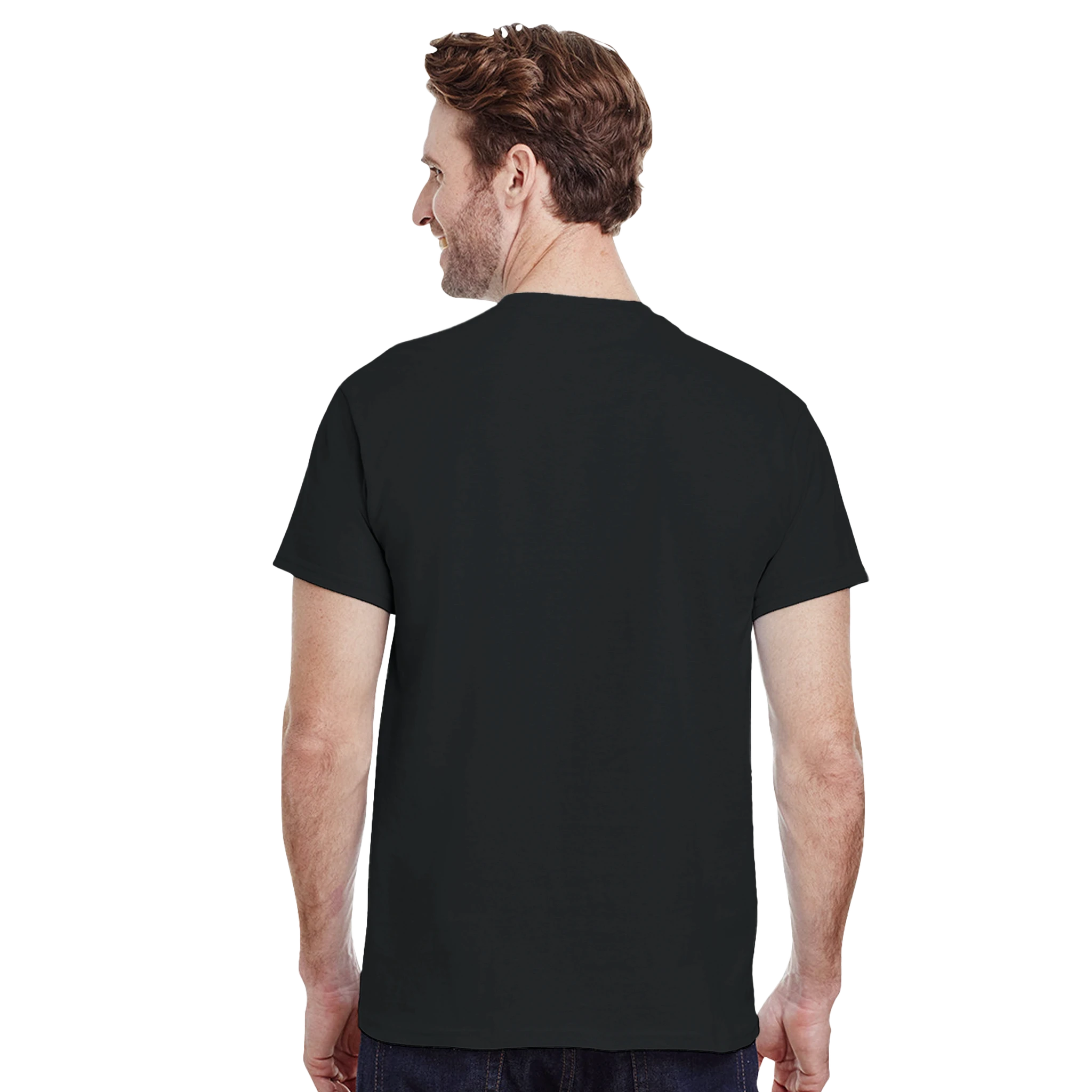 Man wearing a black t-shirt on a white background