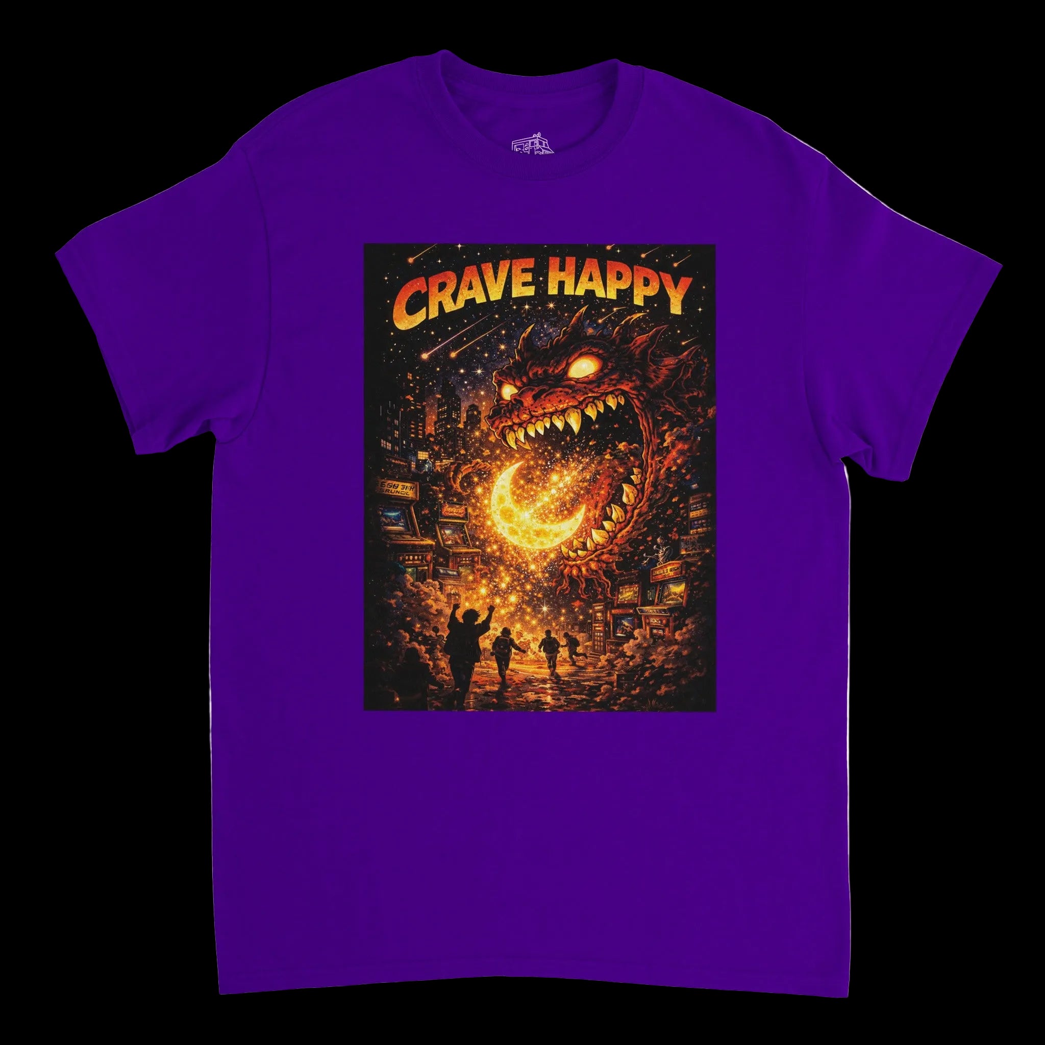 Purple t-shirt with a graphic design featuring a dragon and 'Crave Happy' text on a white background