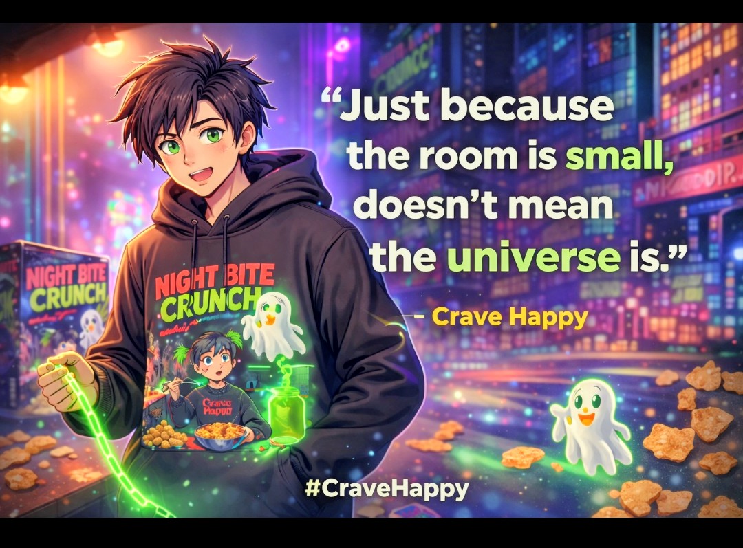 Character wearing a hoodie with a graphic and text overlay in a vibrant cityscape.