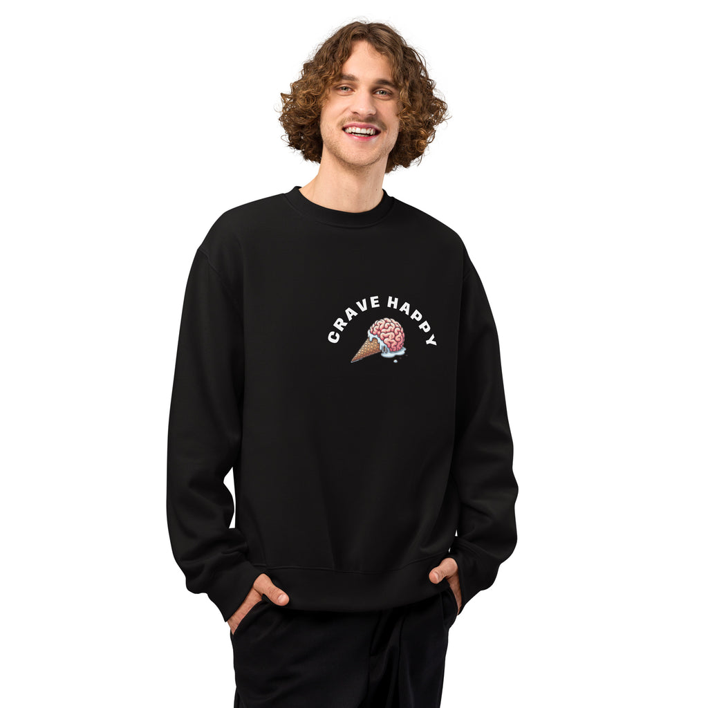 Person wearing a black sweatshirt with a graphic design and text on a white background