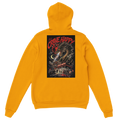 Yellow hoodie with a graphic design on the back against a white background
