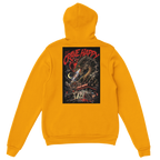 Yellow hoodie with a graphic design on the back against a white background