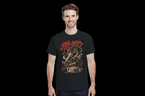 Dragon Spitting Stars T-Shirt - Unique Graphic Tee with male model.