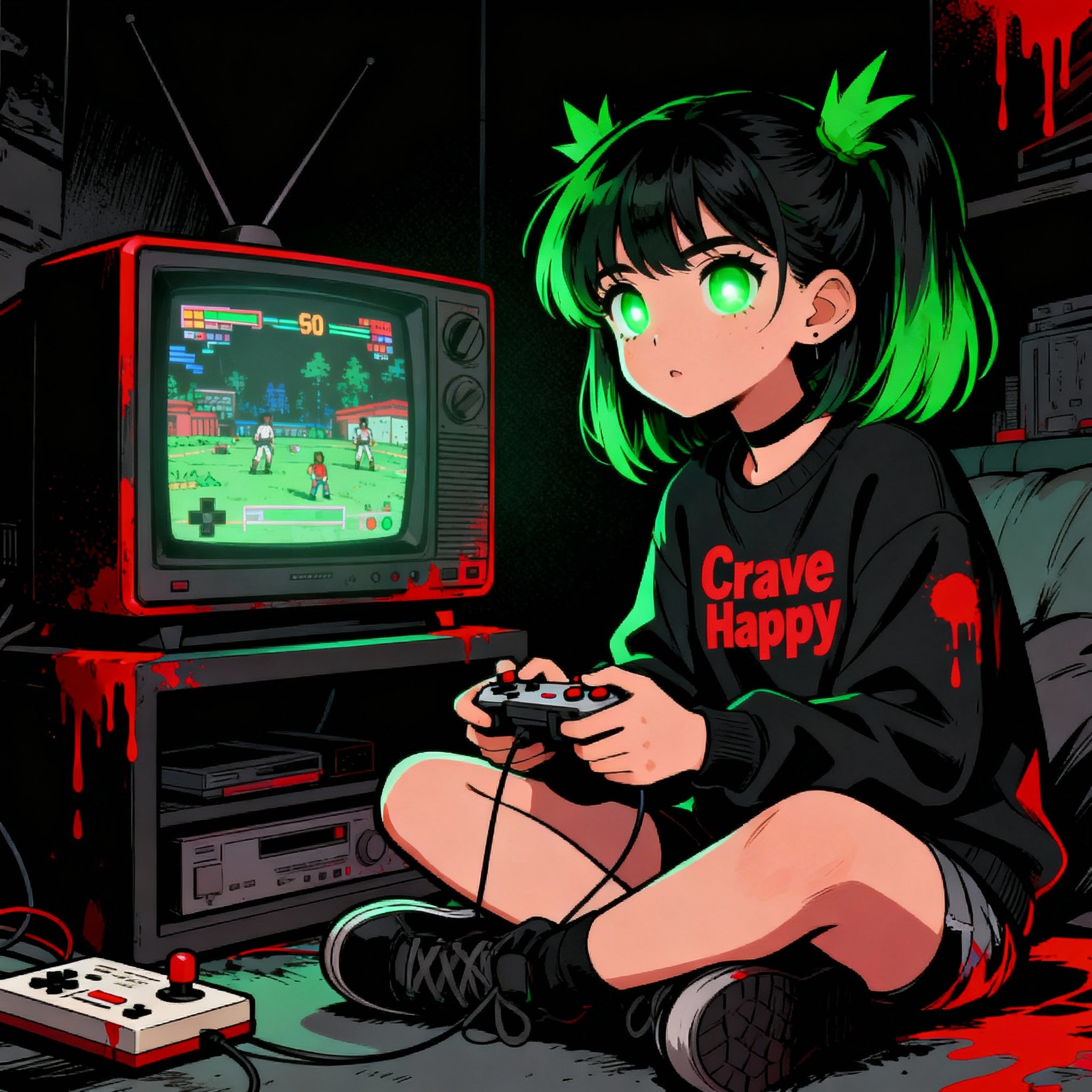 Illustration of a person playing a retro video game with a vintage console.