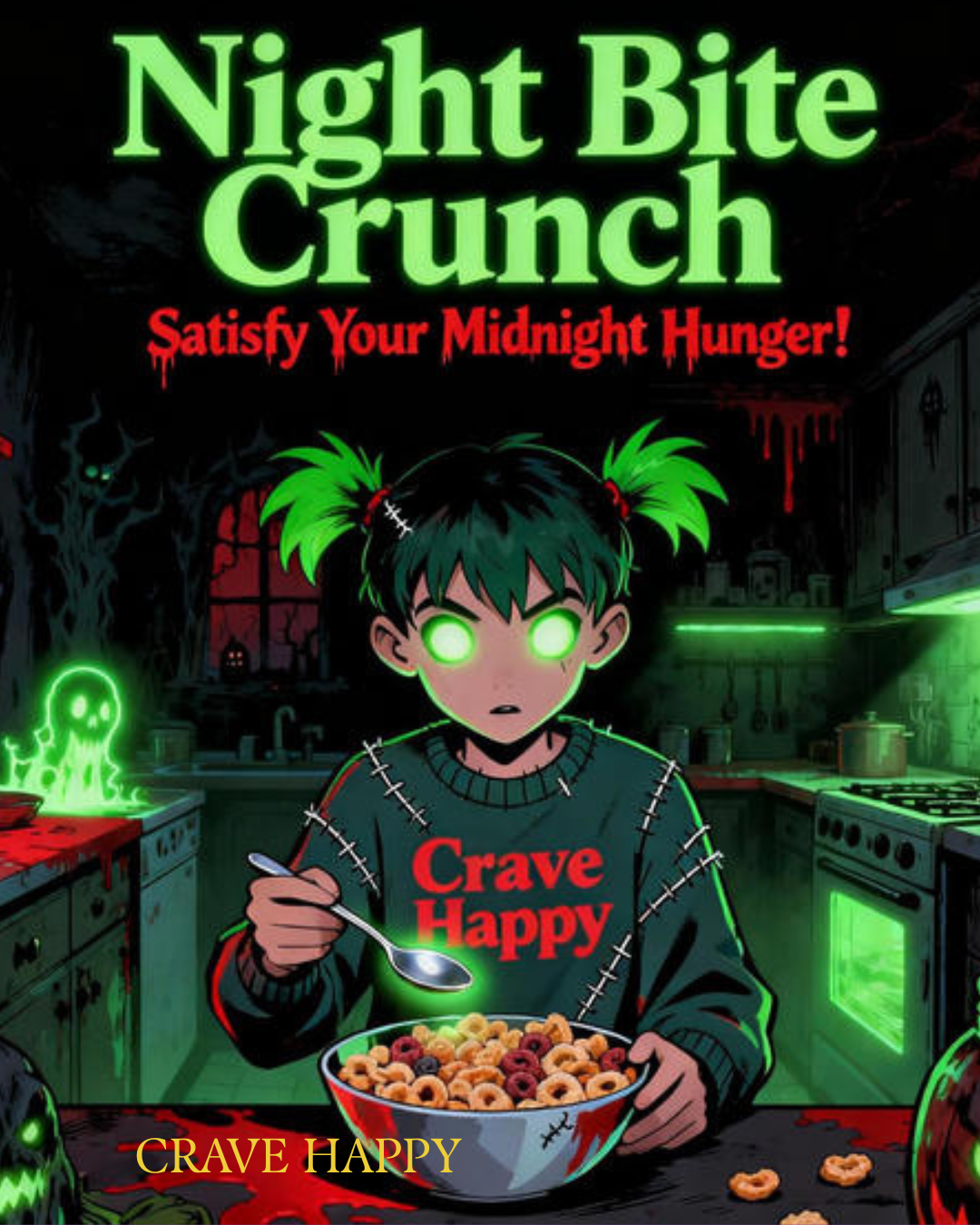 Book cover of 'Night Bite Crunch' with a character eating cereal in a dark kitchen setting.