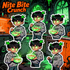 Cartoon character eating cereal with 'Nite Bite Crunch' branding in a Halloween-themed kitchen.