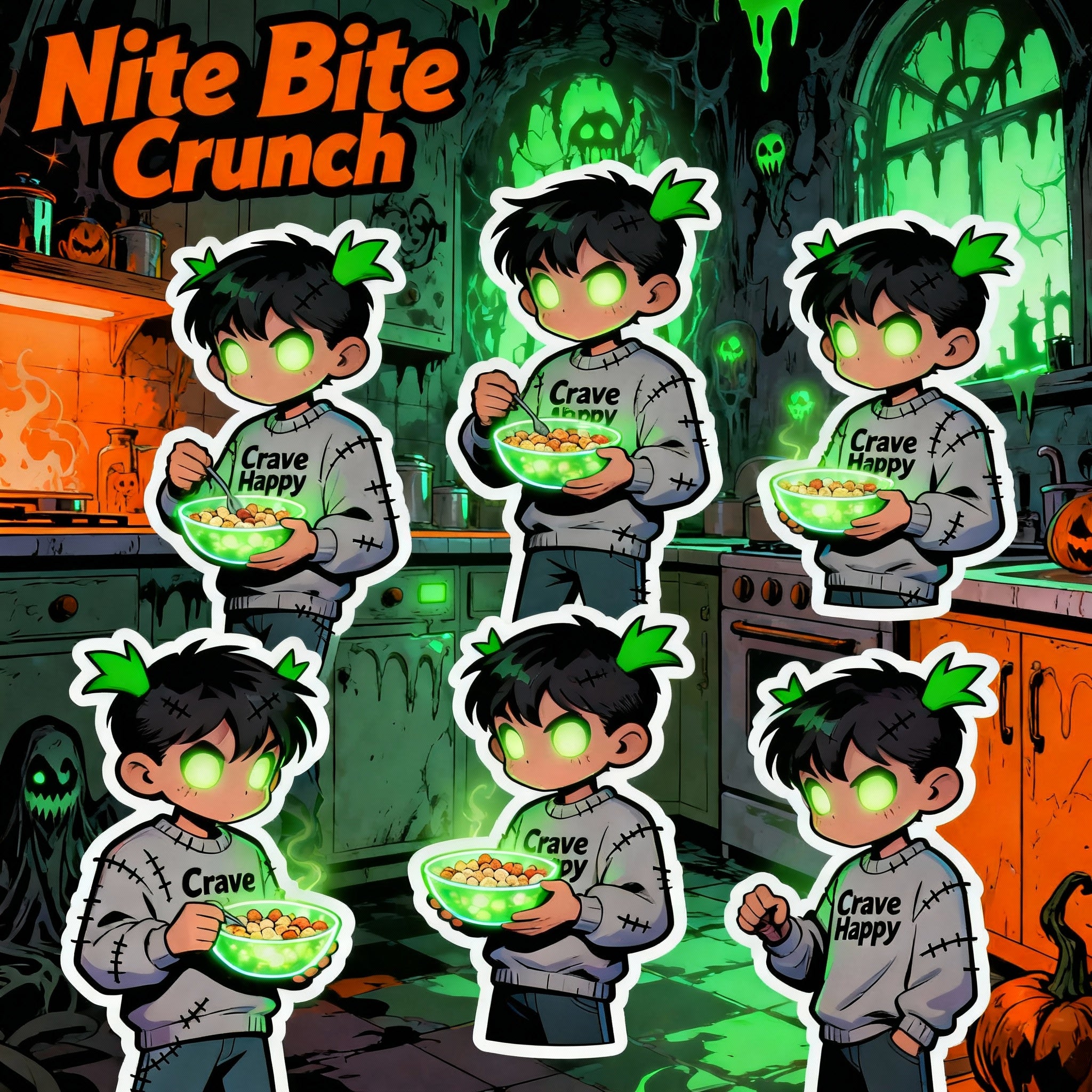 Cartoon character eating cereal with 'Nite Bite Crunch' branding in a Halloween-themed kitchen.