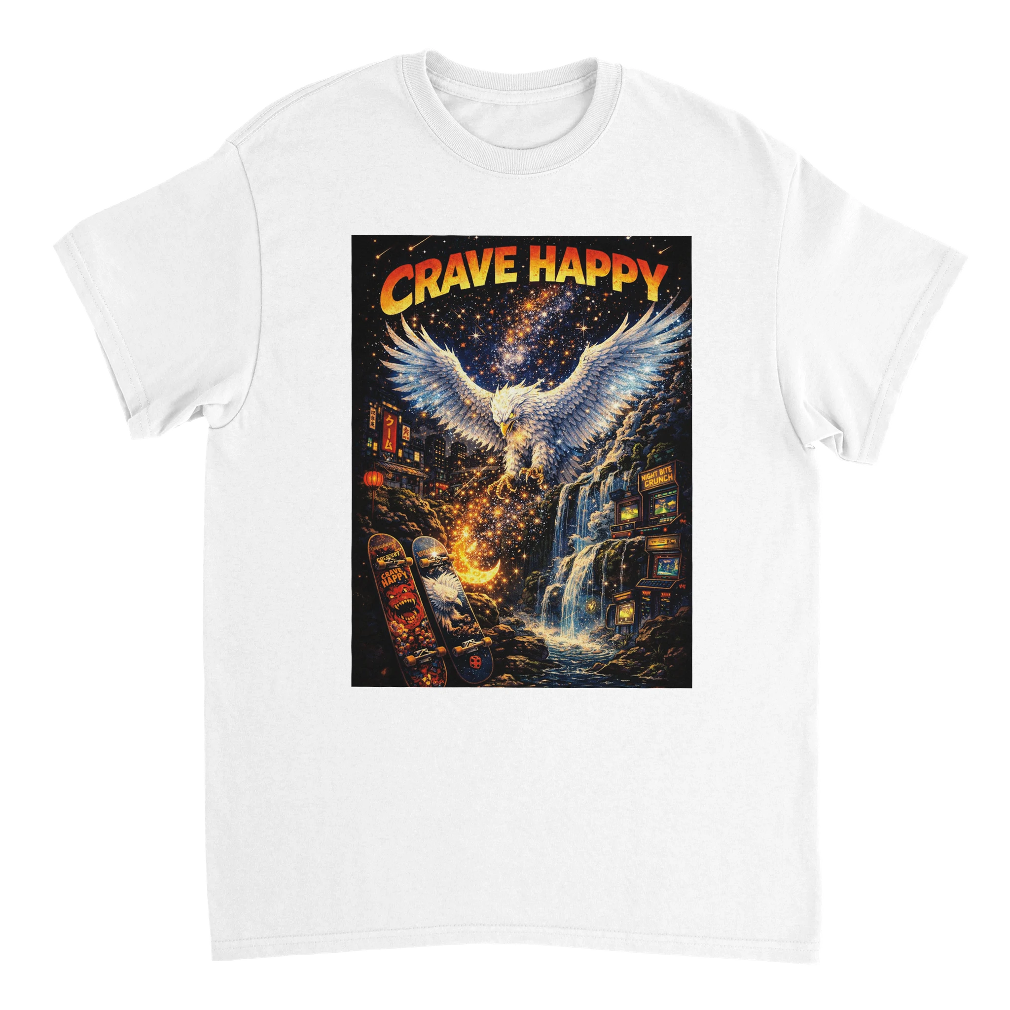 White t-shirt with a graphic design featuring a bird and cityscape, with 'Crave Happy' text.