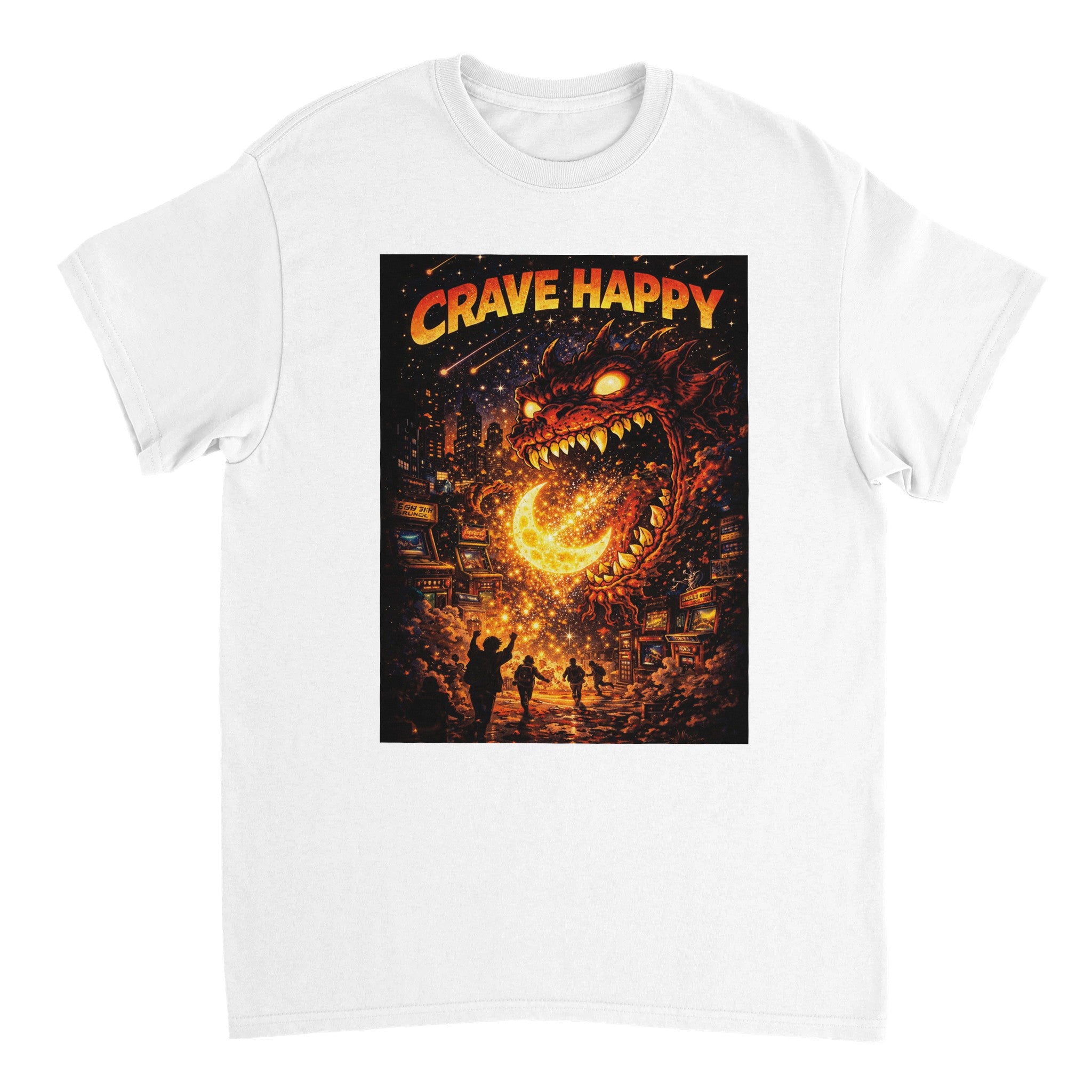 White t-shirt with 'Crave Happy' graphic design featuring a dragon and people in a cityscape.
