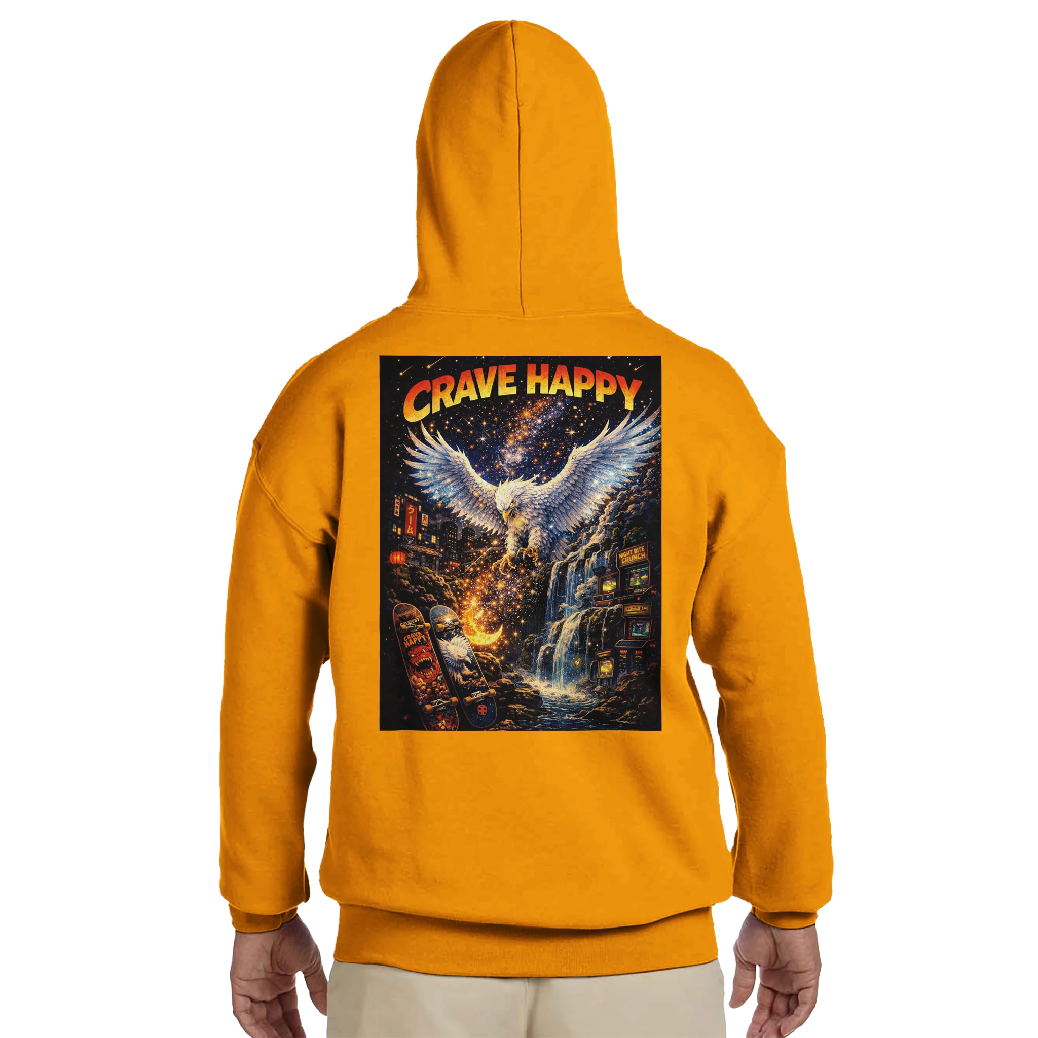 Orange hoodie with 'Crave Happy' graphic on the back
