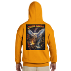 Orange hoodie with 'Crave Happy' graphic on the back