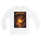 White long-sleeve shirt with 'Crave Happy' graphic design on a white background