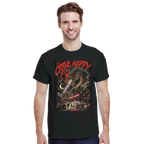 Man wearing a black t-shirt with a graphic design and text on a white background