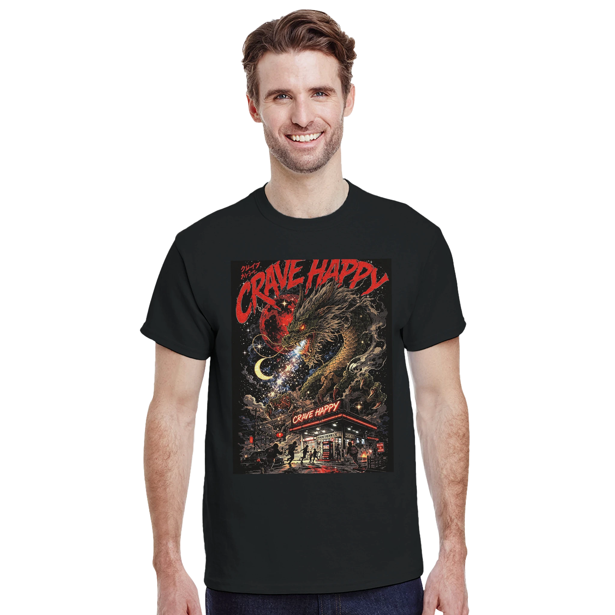 Man wearing a black t-shirt with a graphic design and text on a white background