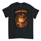 Black t-shirt with 'Crave Happy' graphic design featuring a dragon and cityscape.