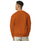 Person wearing an orange sweatshirt on a white background