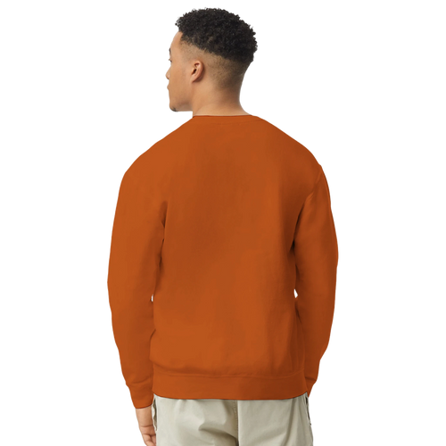 Person wearing an orange sweatshirt on a white background