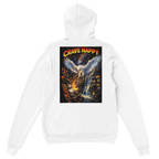 White hoodie with a graphic design on the back featuring an angel and the text 'Crave Happy'.
